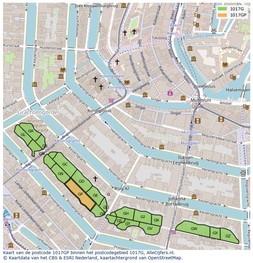 Afbeelding van het postcodegebied 1017 GP op de kaart.