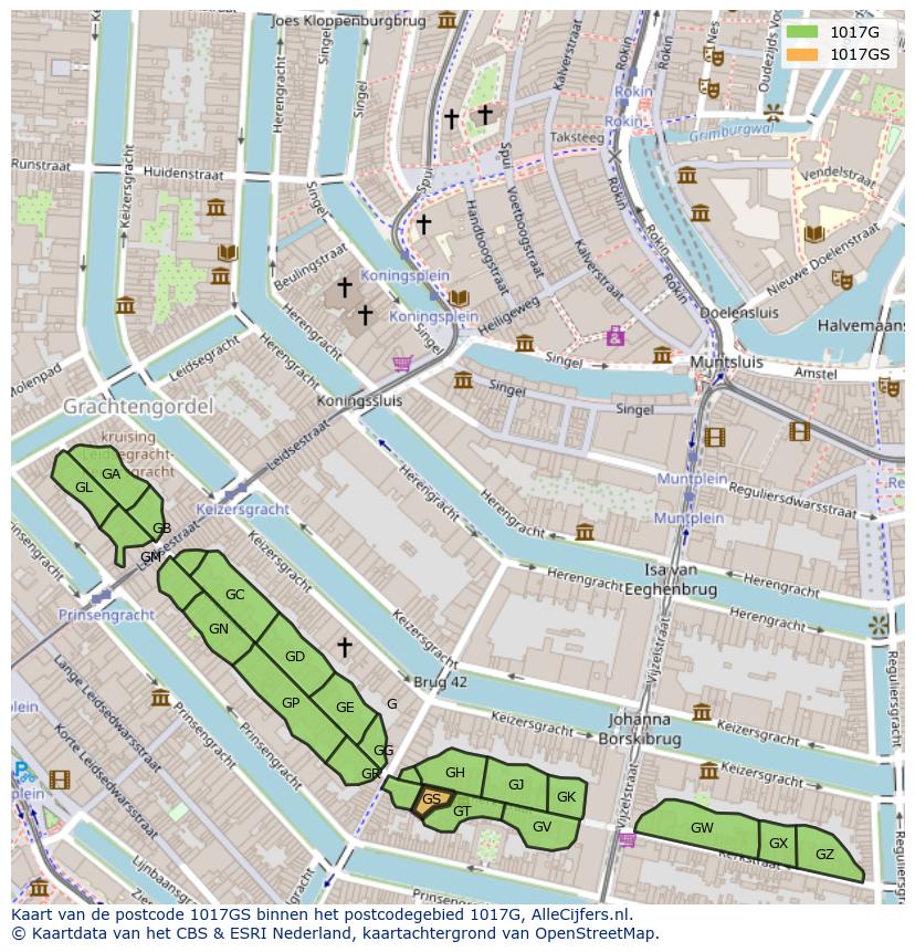 Afbeelding van het postcodegebied 1017 GS op de kaart.