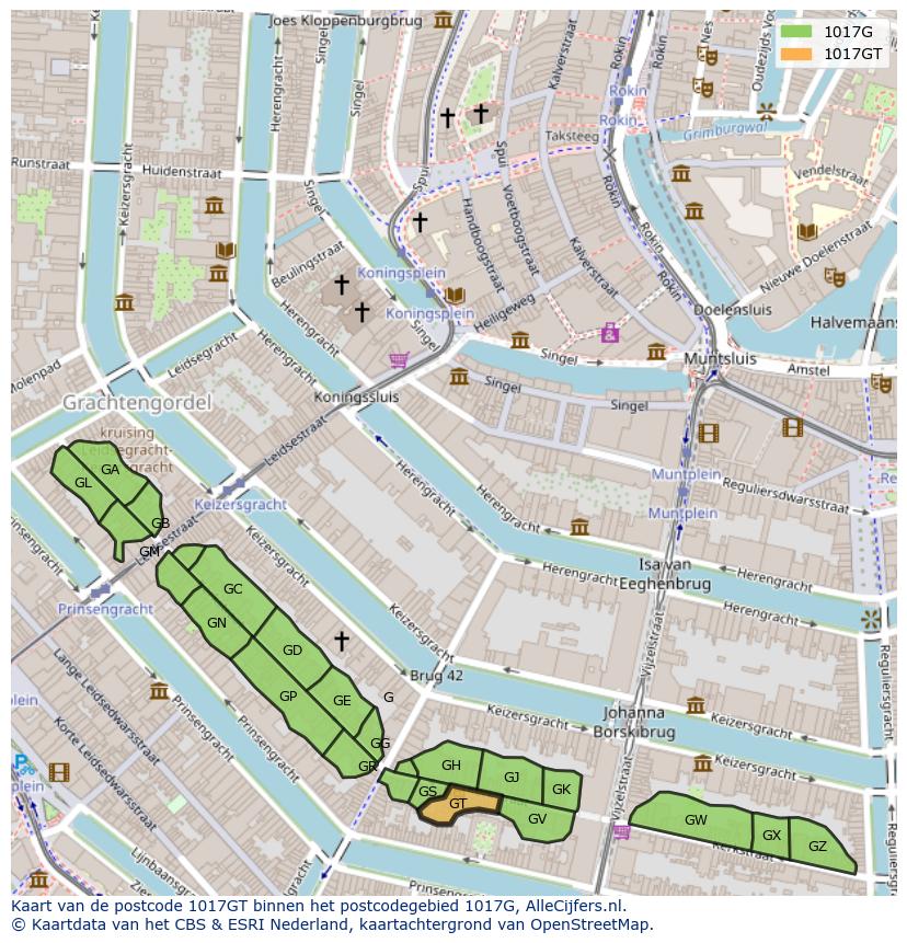 Afbeelding van het postcodegebied 1017 GT op de kaart.