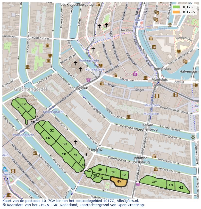Afbeelding van het postcodegebied 1017 GV op de kaart.