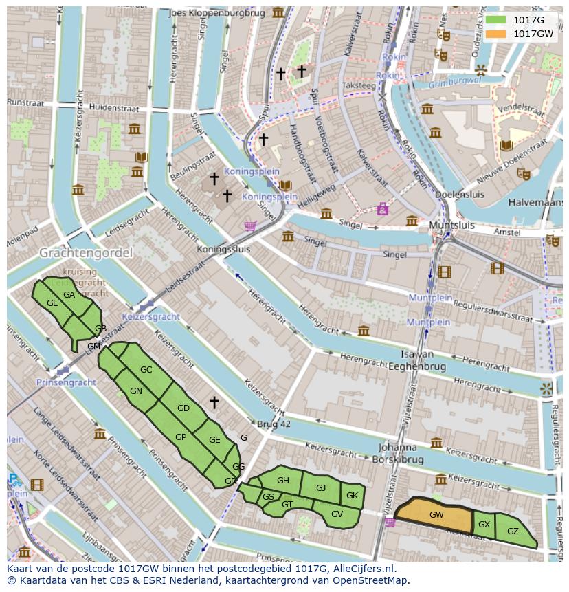 Afbeelding van het postcodegebied 1017 GW op de kaart.
