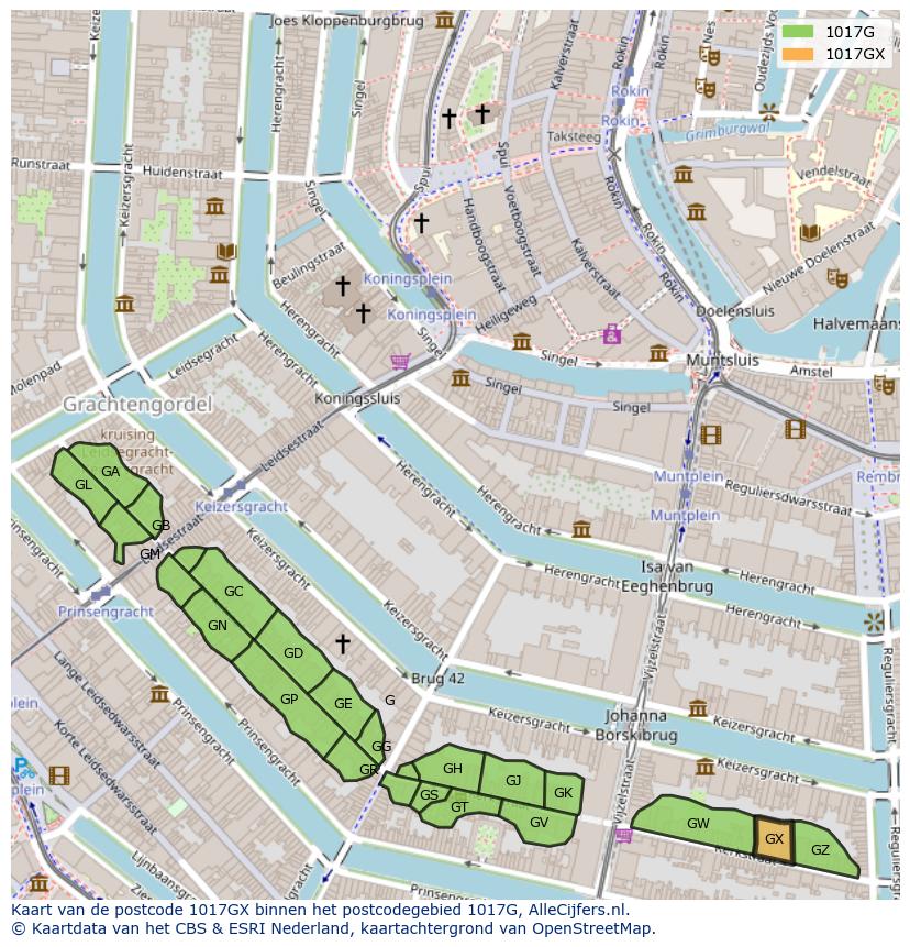 Afbeelding van het postcodegebied 1017 GX op de kaart.