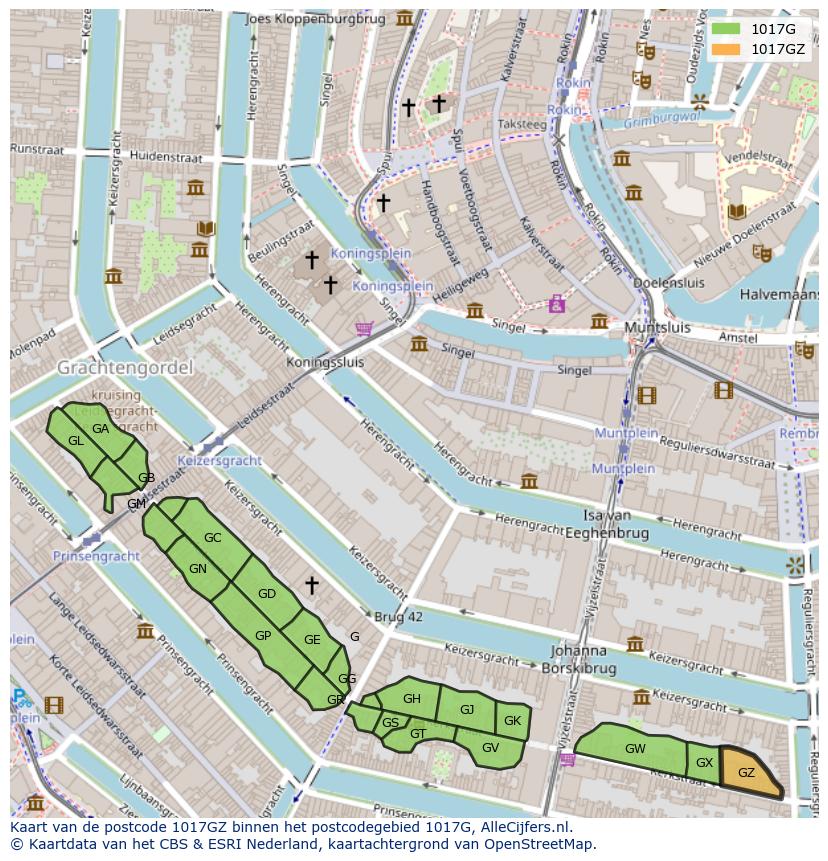 Afbeelding van het postcodegebied 1017 GZ op de kaart.