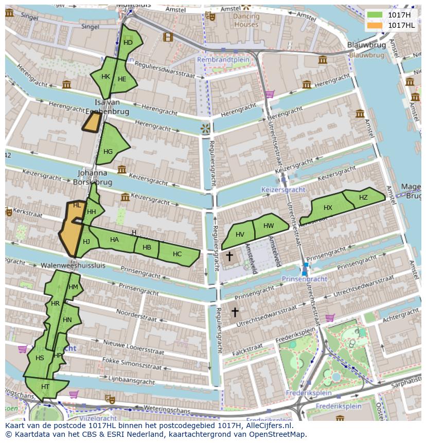 Afbeelding van het postcodegebied 1017 HL op de kaart.