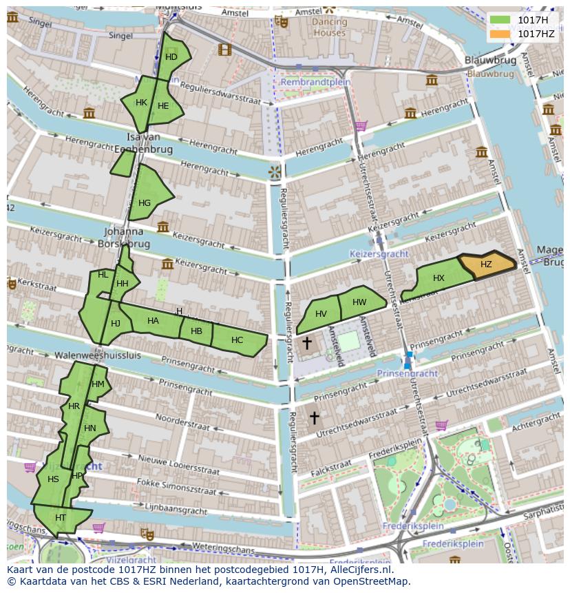 Afbeelding van het postcodegebied 1017 HZ op de kaart.