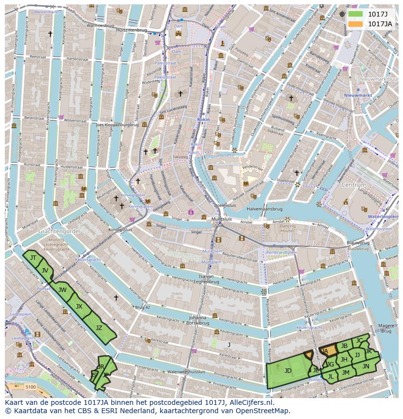 Afbeelding van het postcodegebied 1017 JA op de kaart.