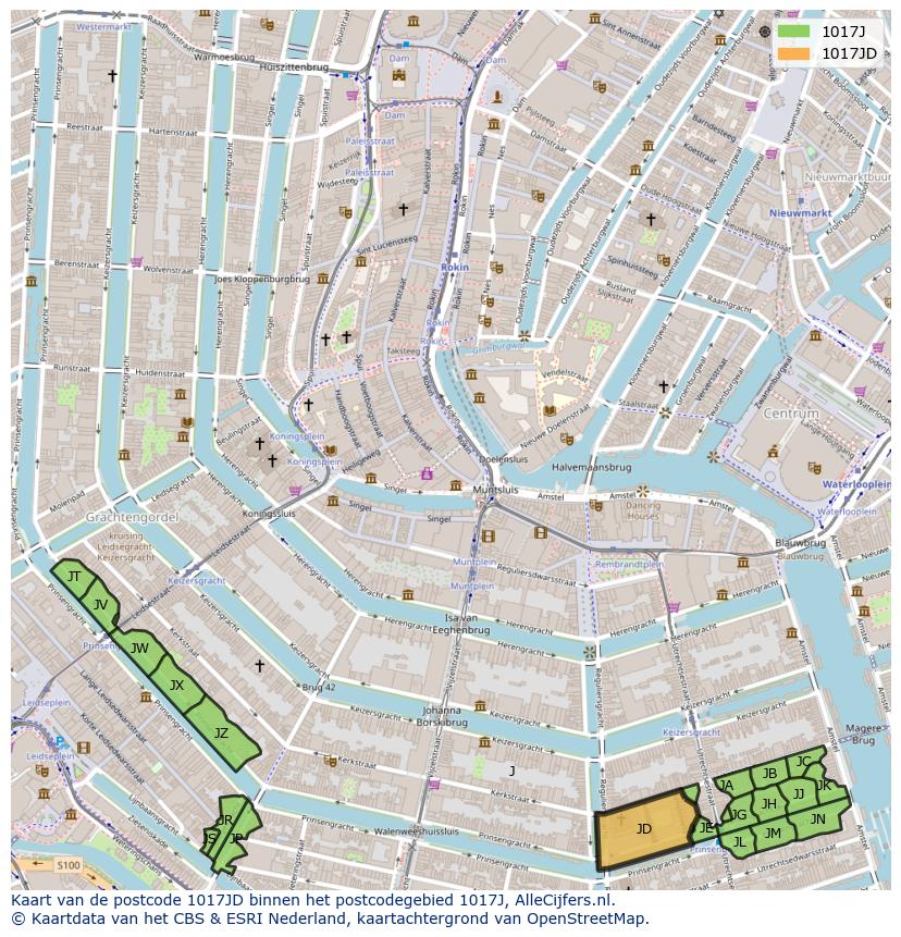 Afbeelding van het postcodegebied 1017 JD op de kaart.