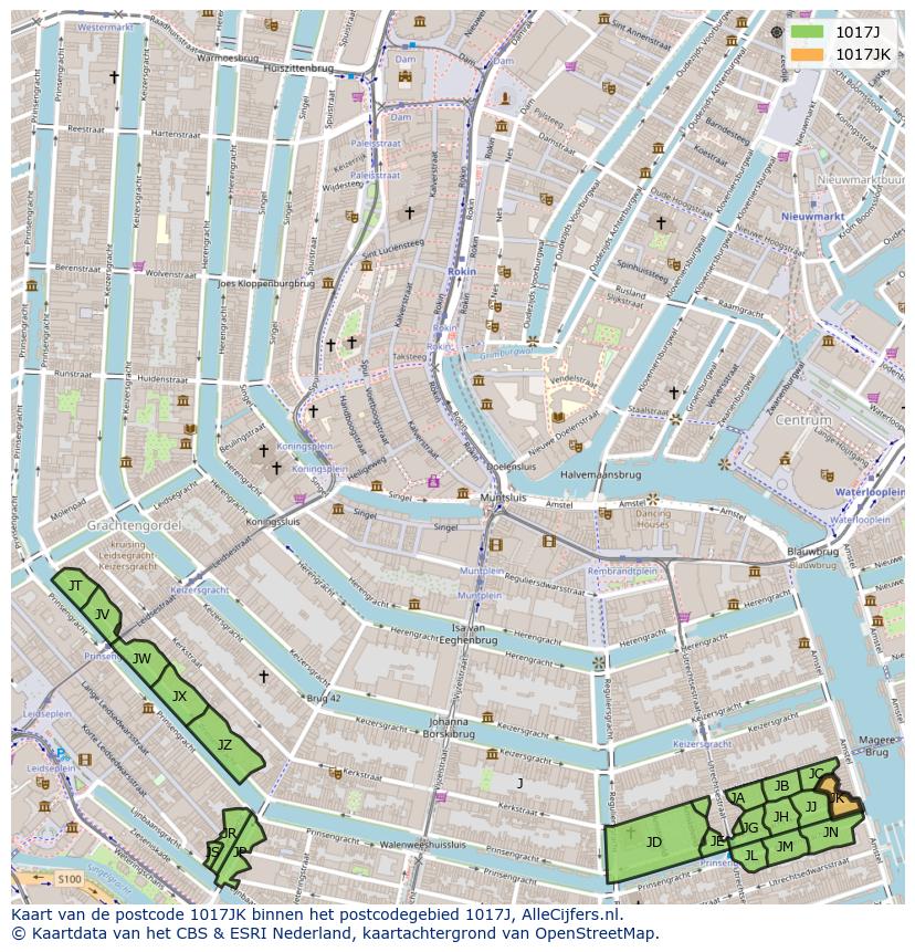 Afbeelding van het postcodegebied 1017 JK op de kaart.