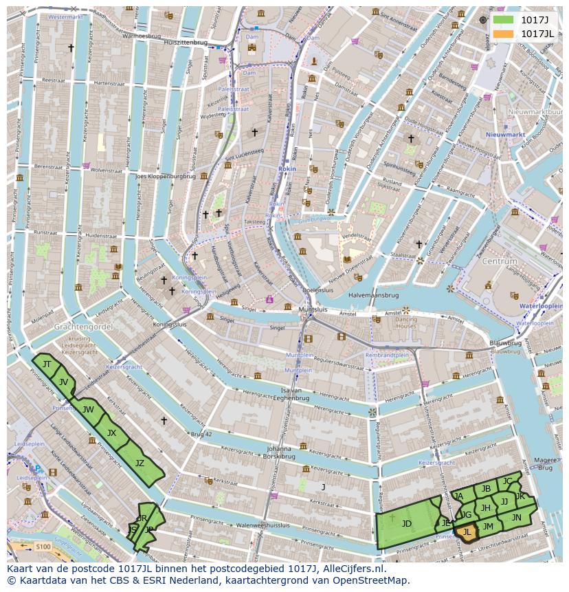 Afbeelding van het postcodegebied 1017 JL op de kaart.