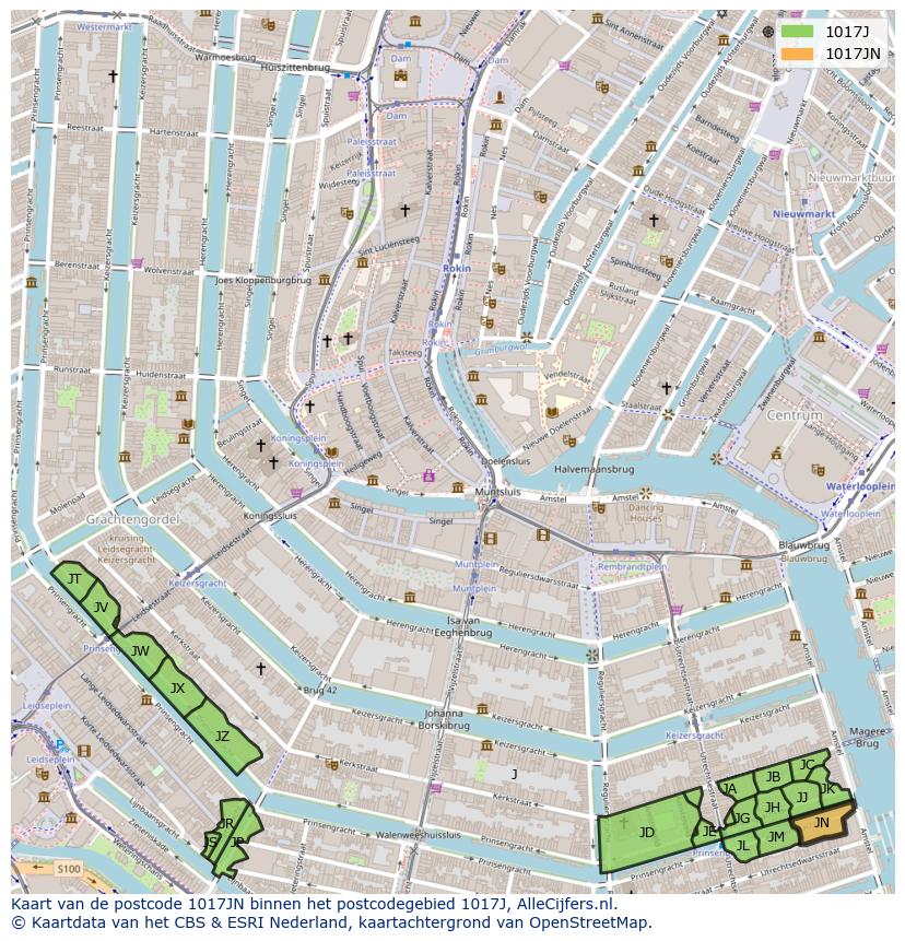 Afbeelding van het postcodegebied 1017 JN op de kaart.