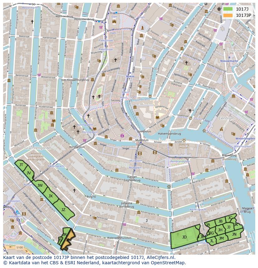 Afbeelding van het postcodegebied 1017 JP op de kaart.