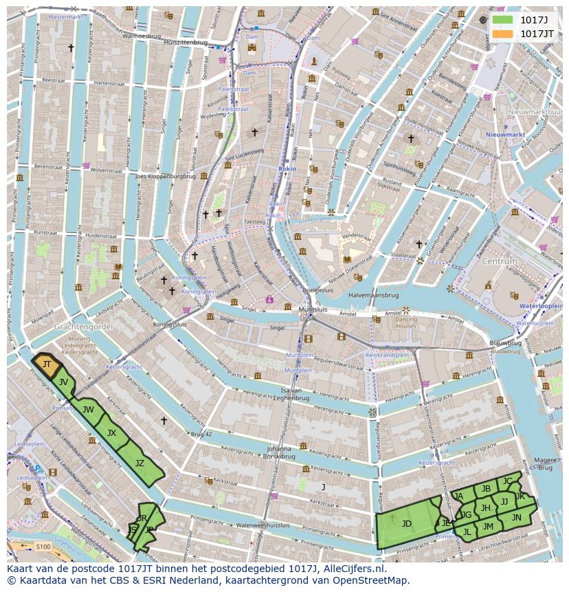 Afbeelding van het postcodegebied 1017 JT op de kaart.