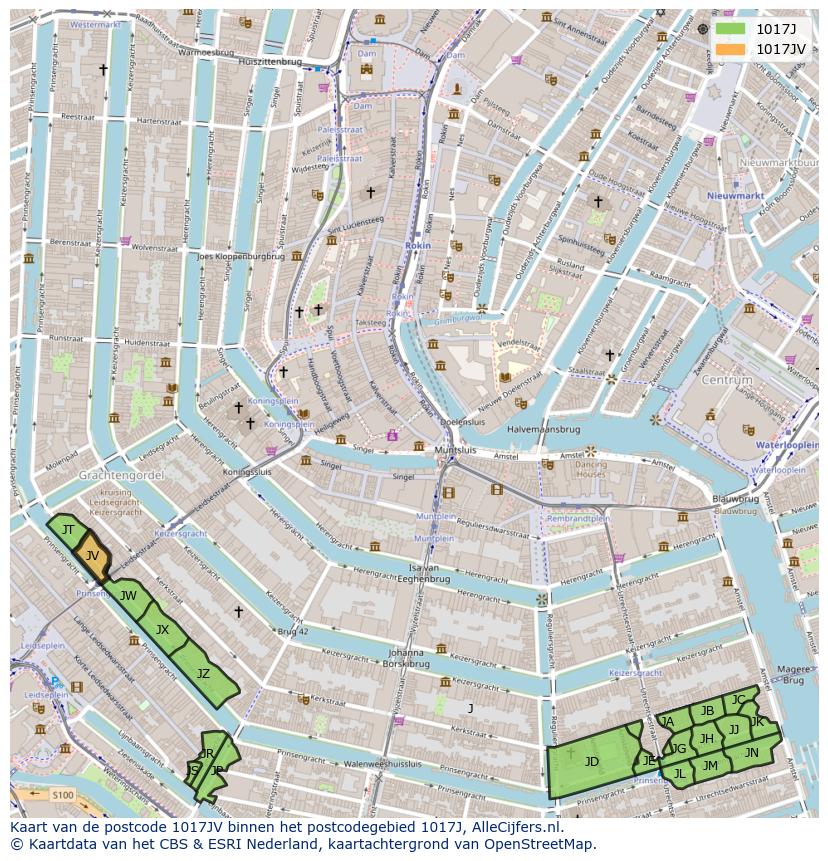 Afbeelding van het postcodegebied 1017 JV op de kaart.