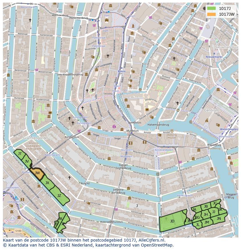 Afbeelding van het postcodegebied 1017 JW op de kaart.