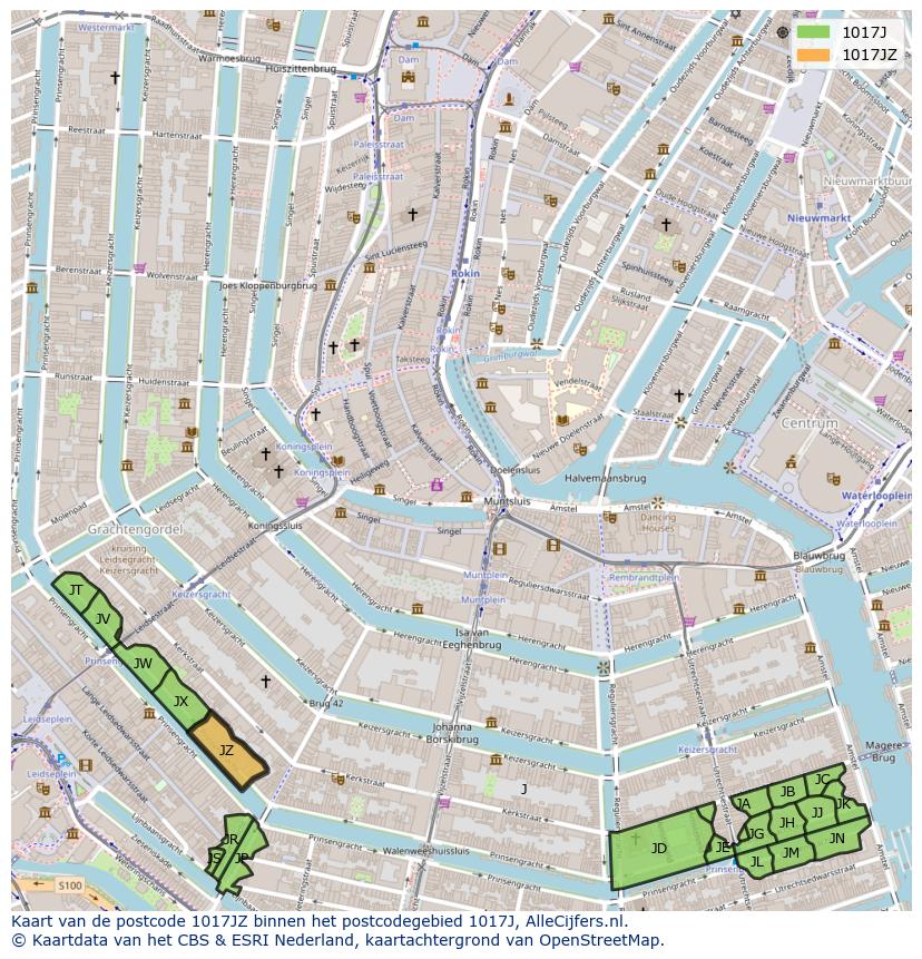 Afbeelding van het postcodegebied 1017 JZ op de kaart.