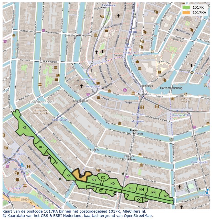 Afbeelding van het postcodegebied 1017 KA op de kaart.