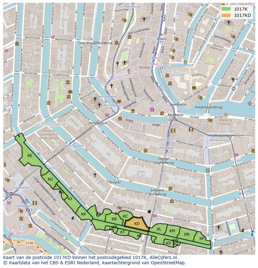 Afbeelding van het postcodegebied 1017 KD op de kaart.
