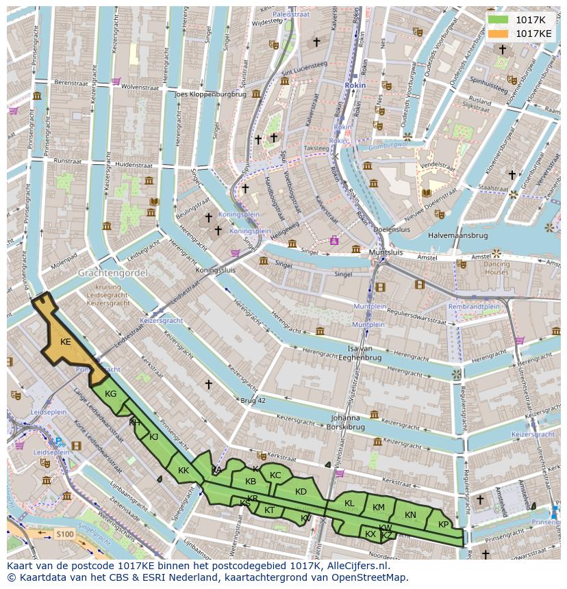Afbeelding van het postcodegebied 1017 KE op de kaart.