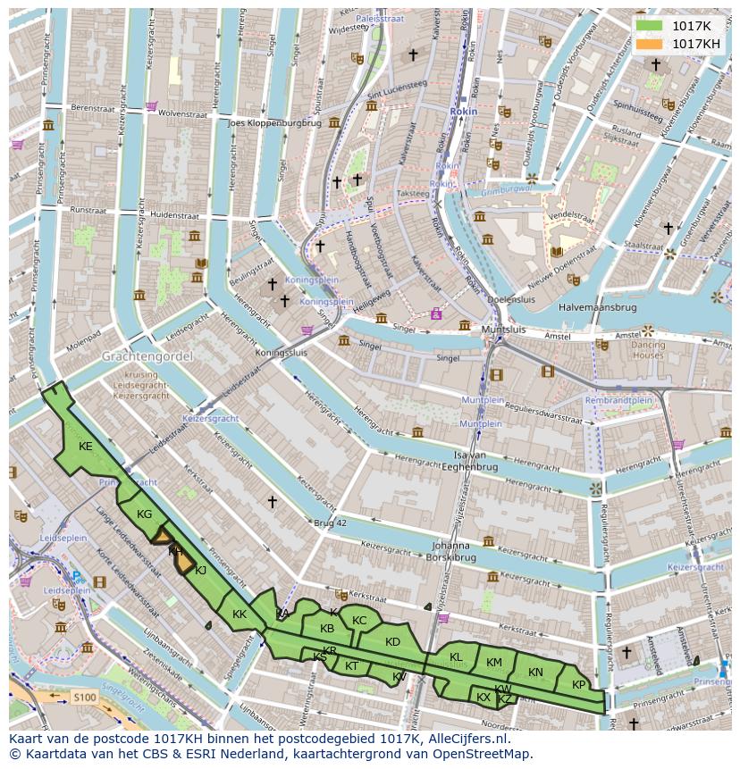 Afbeelding van het postcodegebied 1017 KH op de kaart.