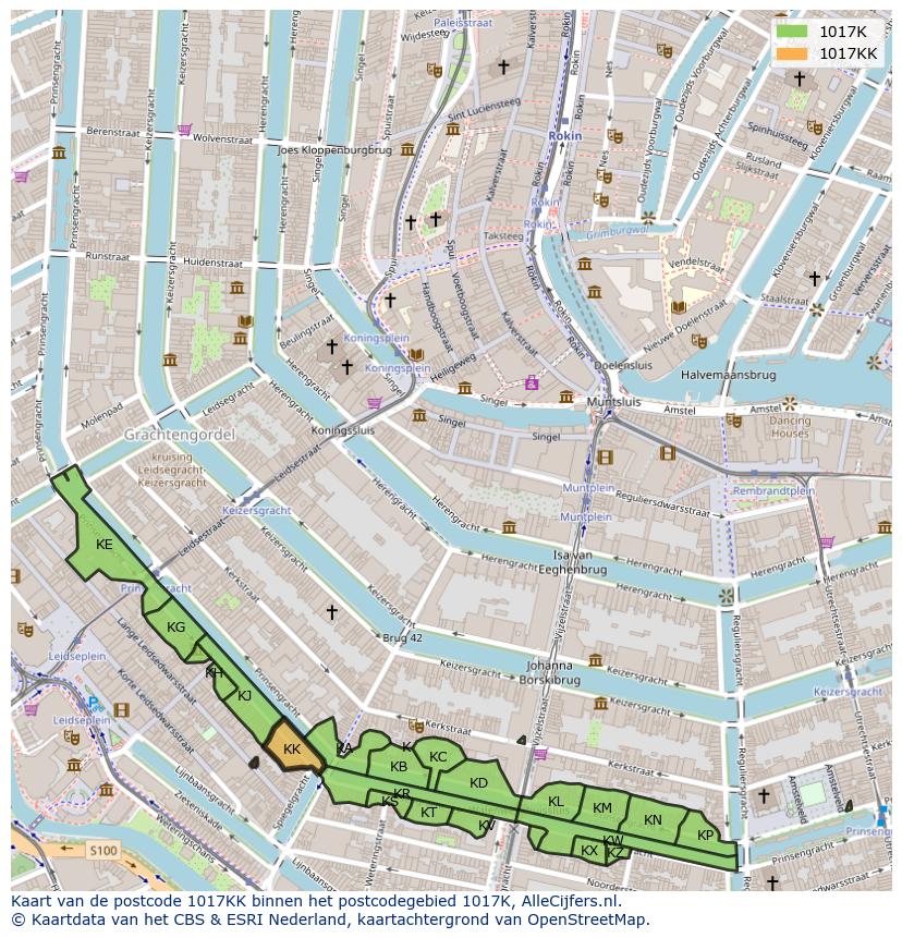 Afbeelding van het postcodegebied 1017 KK op de kaart.