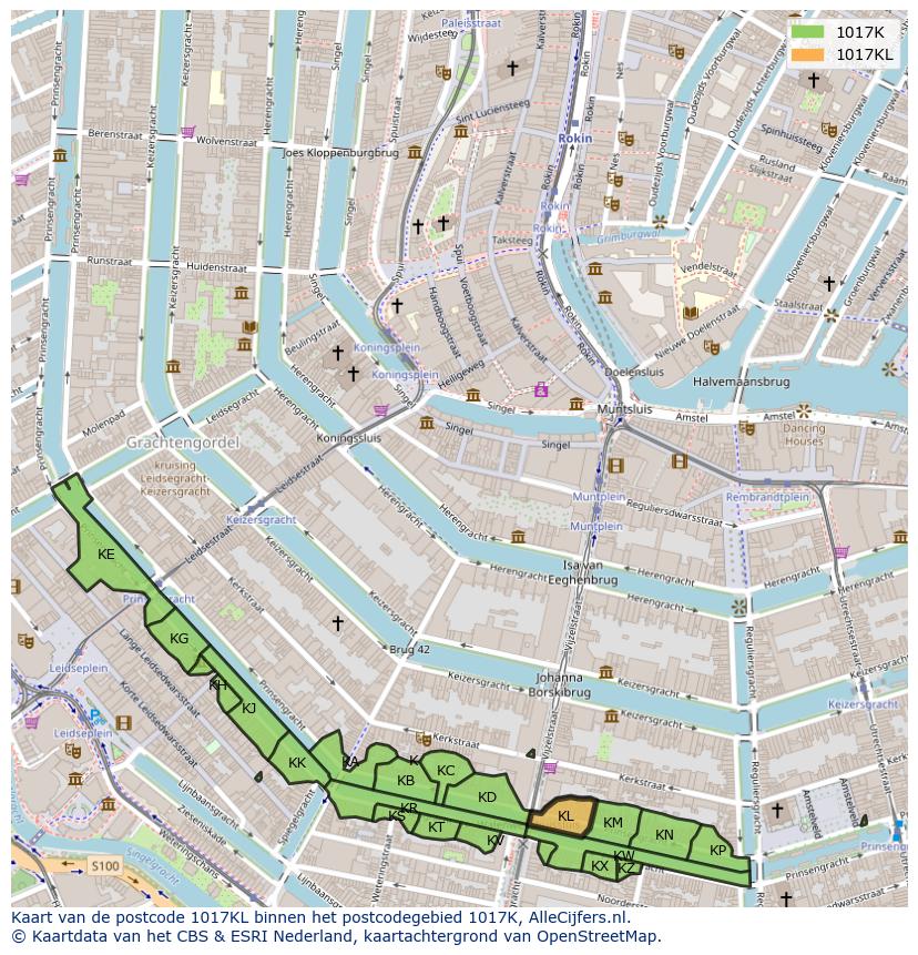 Afbeelding van het postcodegebied 1017 KL op de kaart.