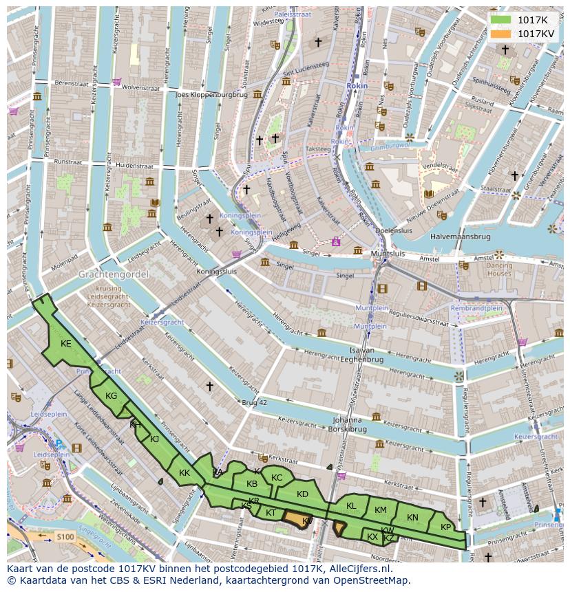 Afbeelding van het postcodegebied 1017 KV op de kaart.