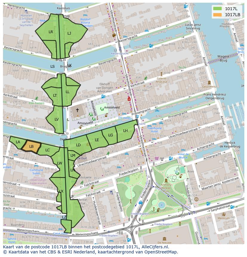 Afbeelding van het postcodegebied 1017 LB op de kaart.