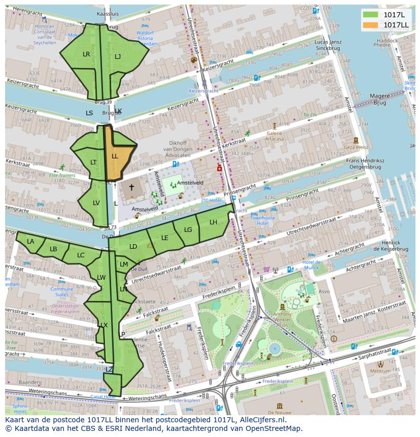 Afbeelding van het postcodegebied 1017 LL op de kaart.