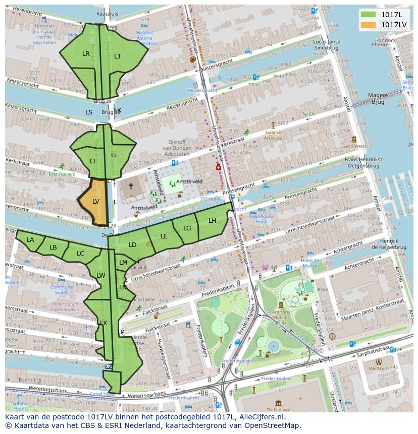 Afbeelding van het postcodegebied 1017 LV op de kaart.