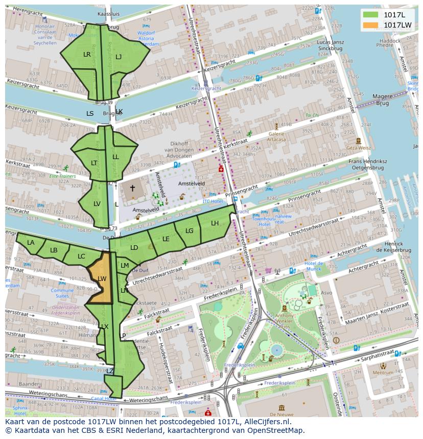 Afbeelding van het postcodegebied 1017 LW op de kaart.