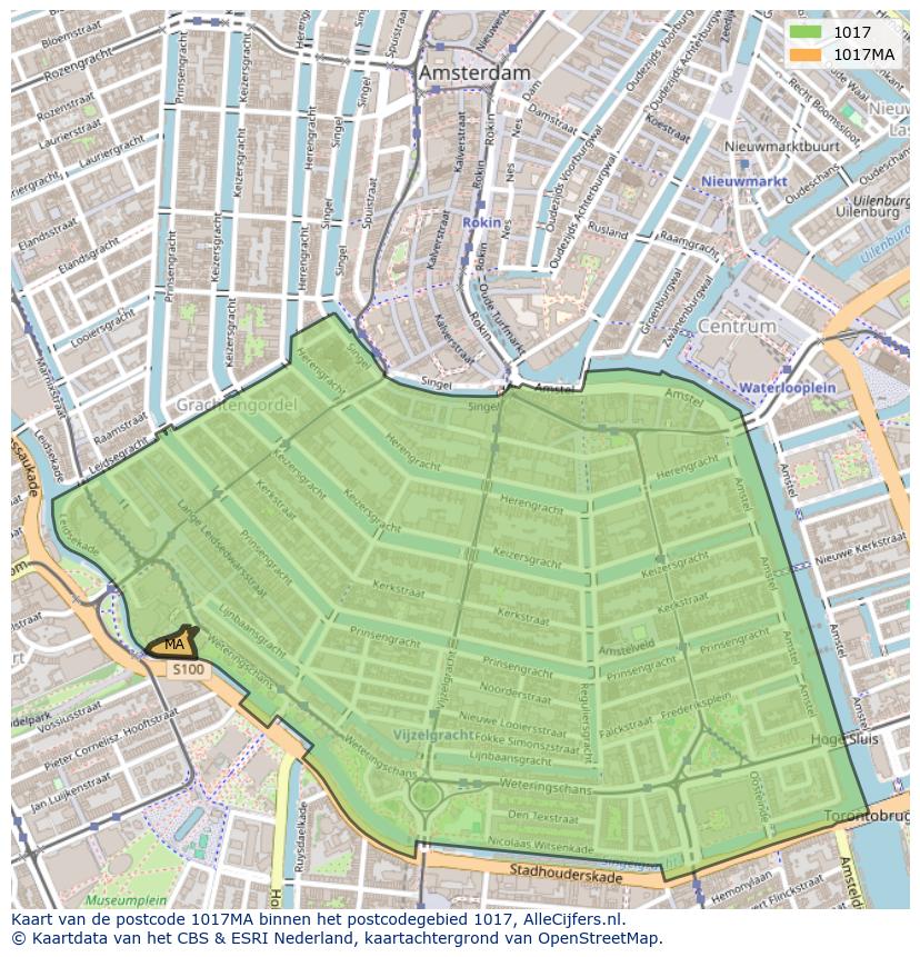 Afbeelding van het postcodegebied 1017 MA op de kaart.