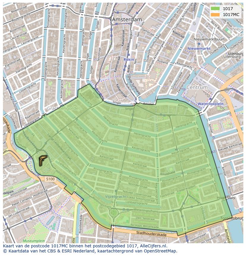Afbeelding van het postcodegebied 1017 MC op de kaart.