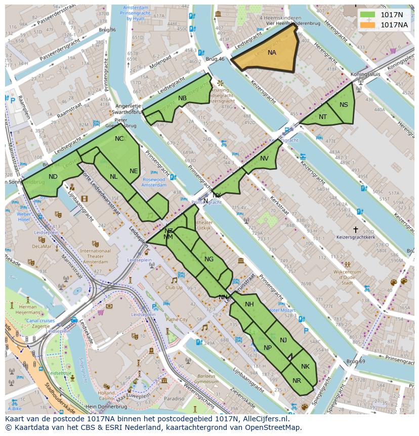 Afbeelding van het postcodegebied 1017 NA op de kaart.