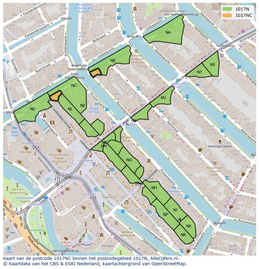 Afbeelding van het postcodegebied 1017 NC op de kaart.