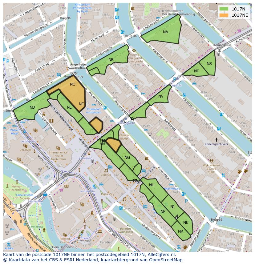 Afbeelding van het postcodegebied 1017 NE op de kaart.
