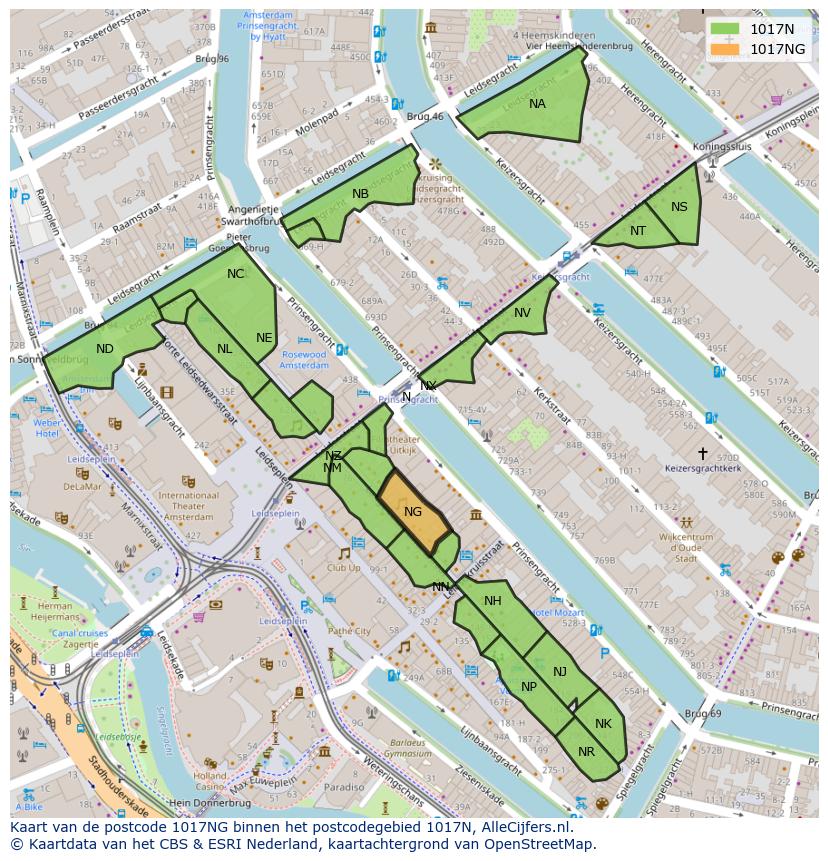 Afbeelding van het postcodegebied 1017 NG op de kaart.