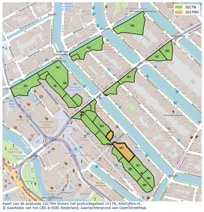 Afbeelding van het postcodegebied 1017 NH op de kaart.