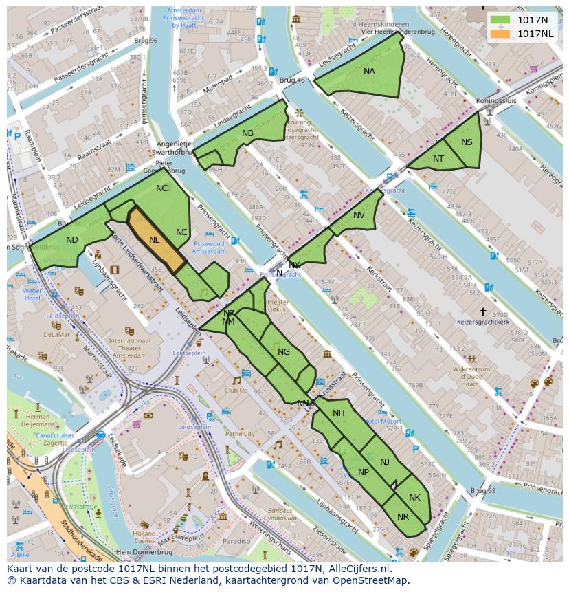 Afbeelding van het postcodegebied 1017 NL op de kaart.