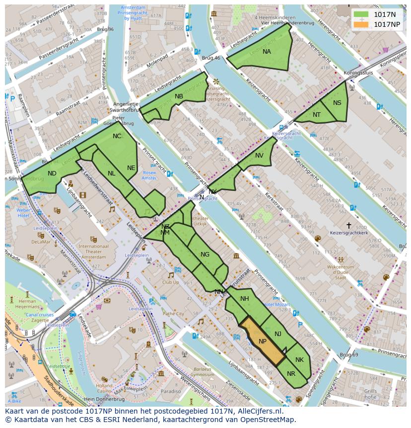 Afbeelding van het postcodegebied 1017 NP op de kaart.