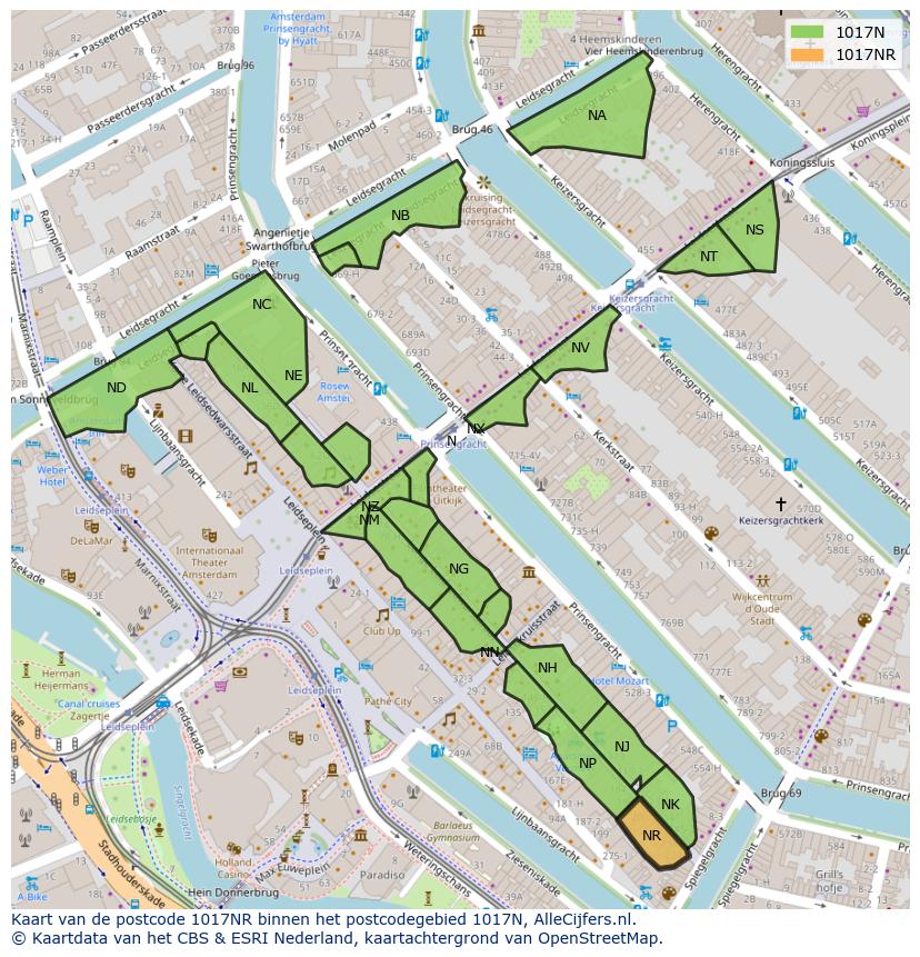 Afbeelding van het postcodegebied 1017 NR op de kaart.