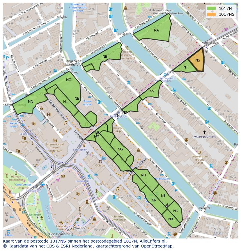 Afbeelding van het postcodegebied 1017 NS op de kaart.