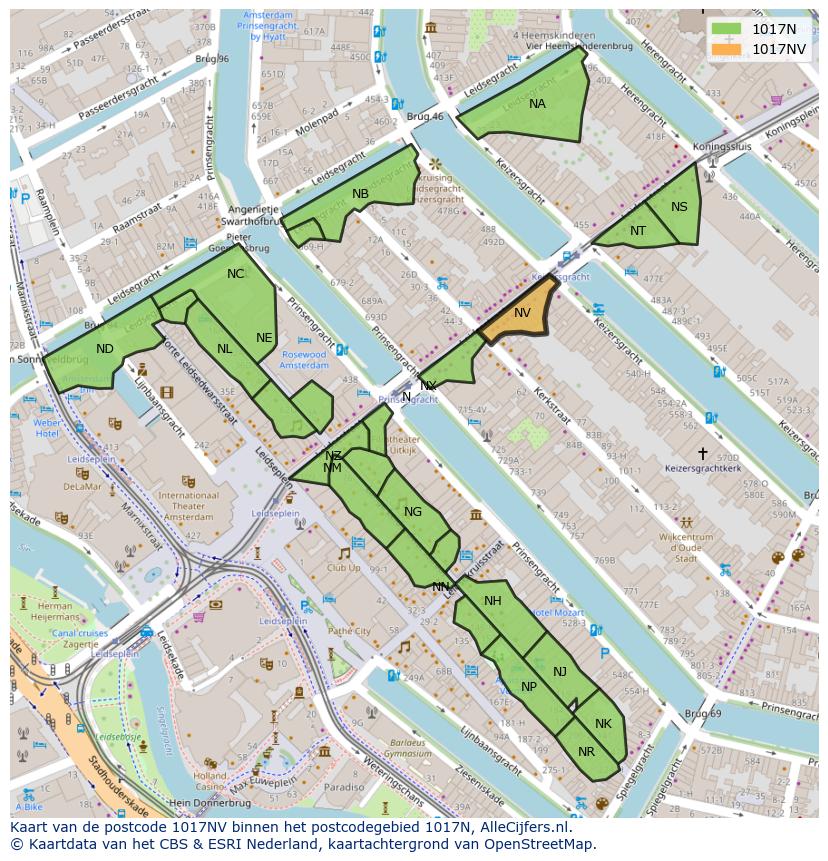 Afbeelding van het postcodegebied 1017 NV op de kaart.