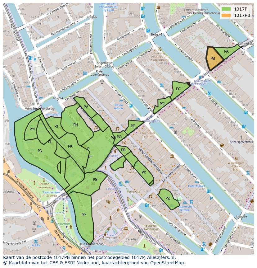 Afbeelding van het postcodegebied 1017 PB op de kaart.