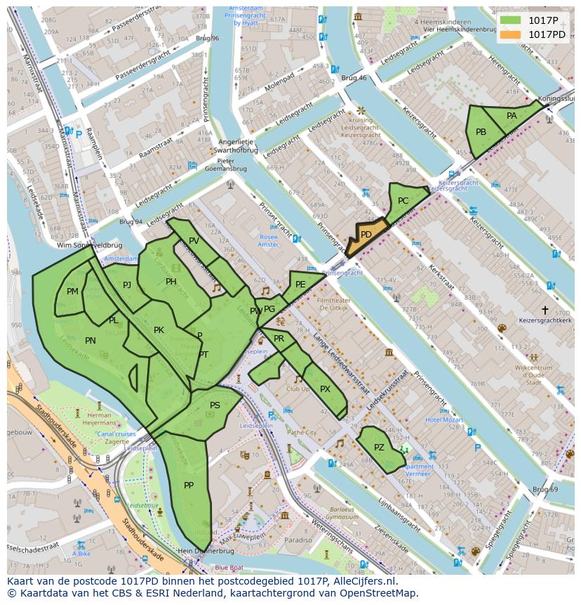 Afbeelding van het postcodegebied 1017 PD op de kaart.