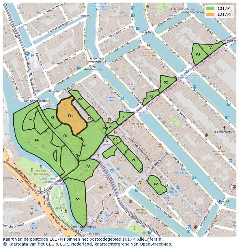 Afbeelding van het postcodegebied 1017 PH op de kaart.