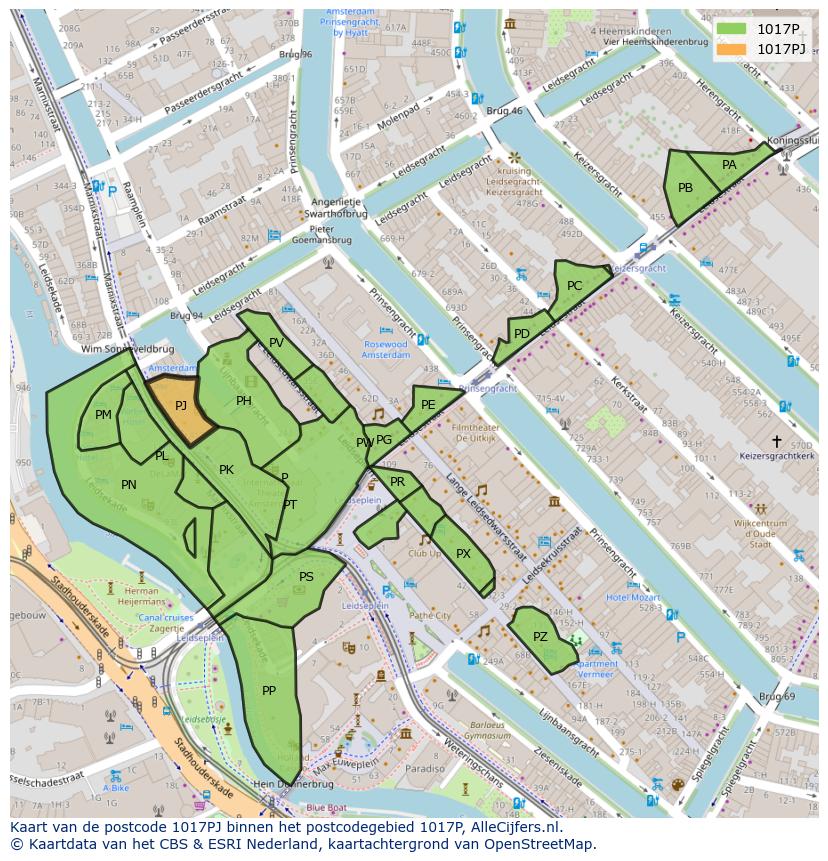 Afbeelding van het postcodegebied 1017 PJ op de kaart.