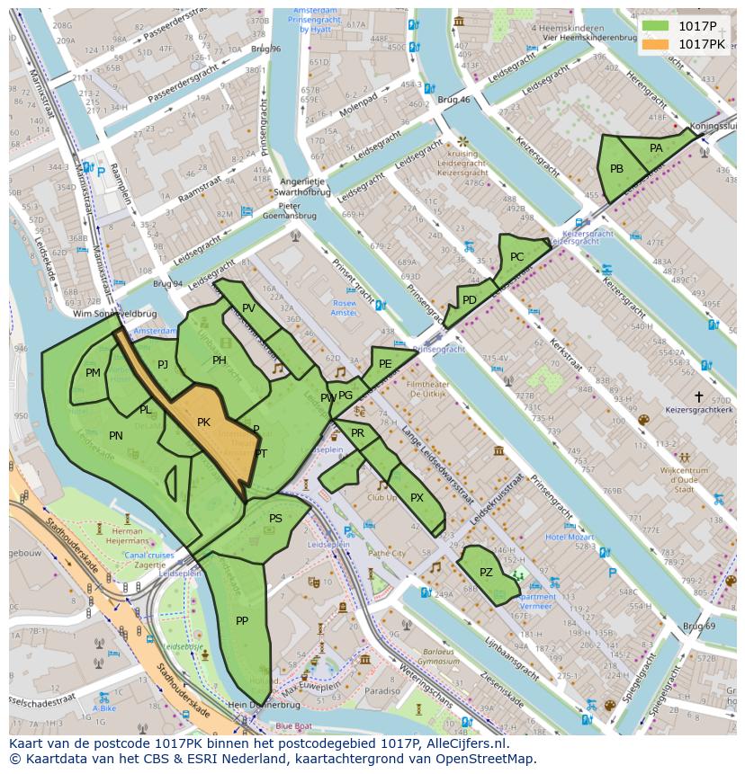 Afbeelding van het postcodegebied 1017 PK op de kaart.