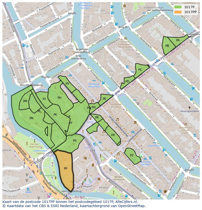 Afbeelding van het postcodegebied 1017 PP op de kaart.