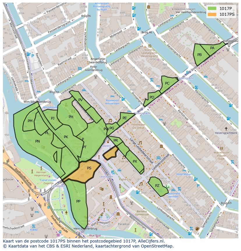Afbeelding van het postcodegebied 1017 PS op de kaart.