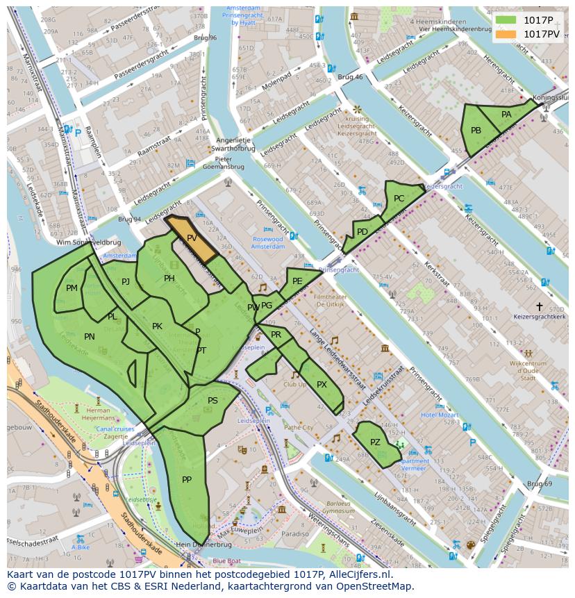 Afbeelding van het postcodegebied 1017 PV op de kaart.